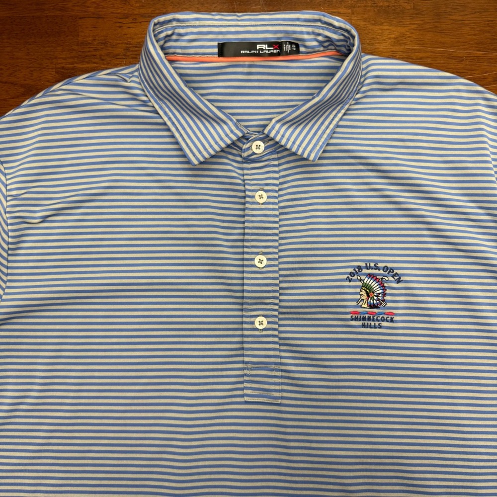 RLX Ralph Lauren Polo Shirt Mens XL Blue Striped 2018 US Open Shinnecock Hills - Picture 2 of 9